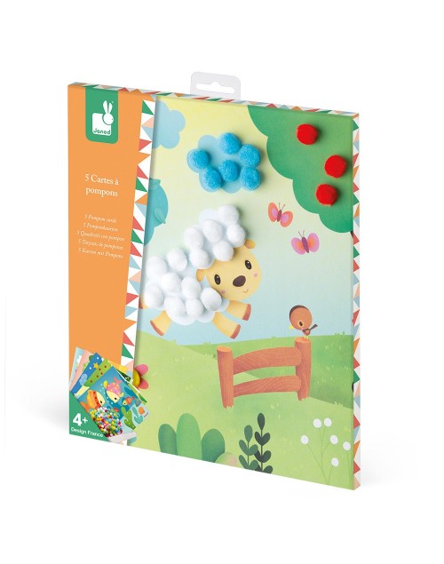 5 cartes à pompons animaux et cie Janod